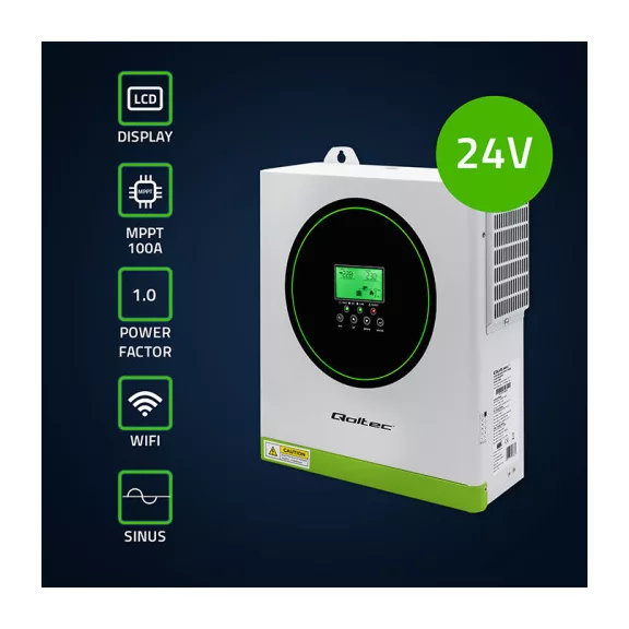 Qoltec szigetüzemű hibrid napelemes inverter | 3500W | 100A | 24V | MPPT | AGM GEL LiFePO4 | Szinusz | opcionális Wi‑Fi | teljesítménytényező: 1.0 Qoltec szigetüzemű hibrid napelemes inverter | 3500W | 100A | 24V | MPPT | AGM GEL LiFePO4 | Szinusz | opcionális Wi‑Fi | teljesítménytényező: 1.0