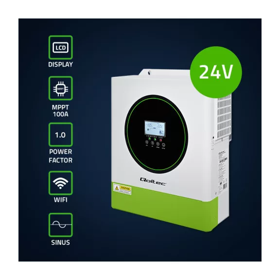 Qoltec Hybrid Solar Inverter Off-Grid 3500W | 100A | 24V | MPPT | BMS | AGM GEL LiFePO4 | Wi-Fi opció | Szinuszos | Teljesítménytényező: 1.0 Qoltec Hybrid Solar Inverter Off-Grid 3500W | 100A | 24V | MPPT | BMS | AGM GEL LiFePO4 | Wi-Fi opció | Szinuszos | Teljesítménytényező: 1.0