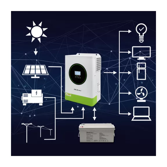 Qoltec hibrid, hálózaton kívüli napelemes inverter | 6200W | 120A | 48V | MPPT | BMS | AGM GEL LiFePO4 | Wi-Fi opció | szinuszos | teljesítménytényező: 1.0 Qoltec hibrid, hálózaton kívüli napelemes inverter | 6200W | 120A | 48V | MPPT | BMS | AGM GEL LiFePO4 | Wi-Fi opció | szinuszos | teljesítménytényező: 1.0