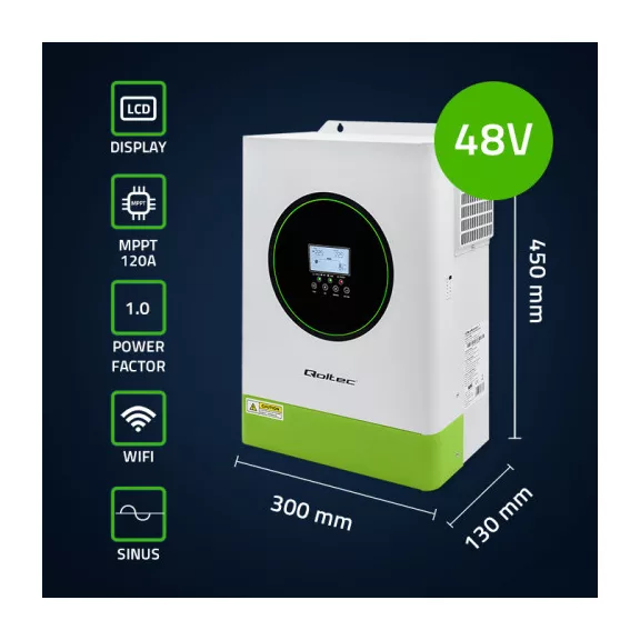 Qoltec hibrid, hálózaton kívüli napelemes inverter | 6200W | 120A | 48V | MPPT | BMS | AGM GEL LiFePO4 | Wi-Fi opció | szinuszos | teljesítménytényező: 1.0 Qoltec hibrid, hálózaton kívüli napelemes inverter | 6200W | 120A | 48V | MPPT | BMS | AGM GEL LiFePO4 | Wi-Fi opció | szinuszos | teljesítménytényező: 1.0