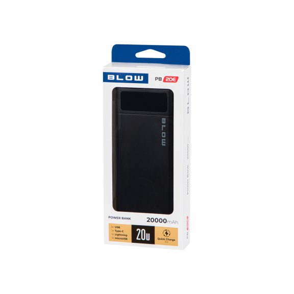 BLOW PB20E 20000 mAh QC/PD 22,5 W powerbank Lightning bemenettel fekete - zoppo.hu