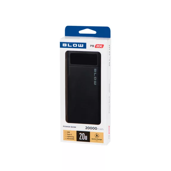 BLOW PB20E 20000 mAh QC/PD 22,5 W powerbank Lightning bemenettel fekete - zoppo.hu BLOW PB20E 20000 mAh QC/PD 22,5 W powerbank Lightning bemenettel fekete - zoppo.hu