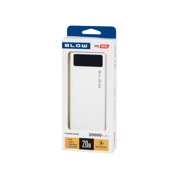 BLOW PB20E 20000 mAh QC/PD 22,5 W powerbank Lightning bemenettel fehér - zoppo.hu