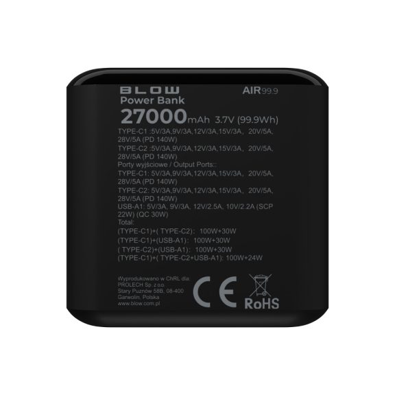 BLOW AIR99.9 27000 mAh PD 140 W LCD laptop powerbank fekete - zoppo.hu