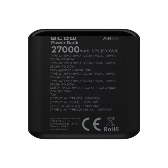 BLOW AIR99.9 27000 mAh PD 140 W LCD laptop powerbank fekete - zoppo.hu